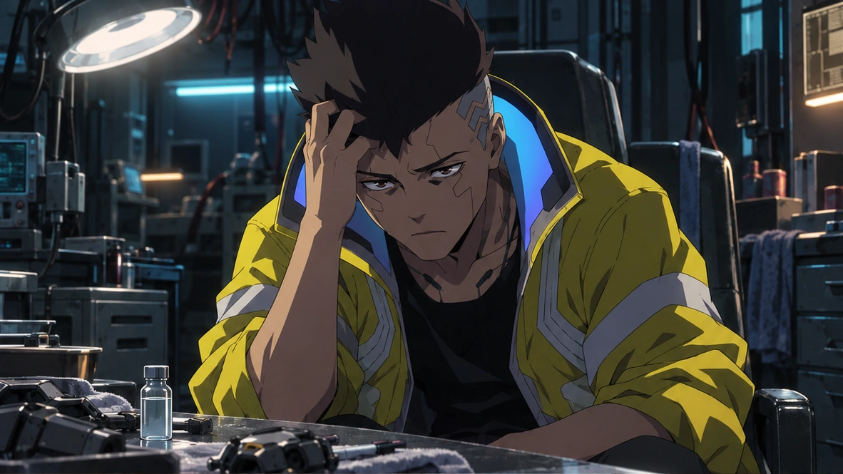Original editorial illustration of David Martinez under strain in a cyberware maintenance room, with a fictional suppressant vial nearby