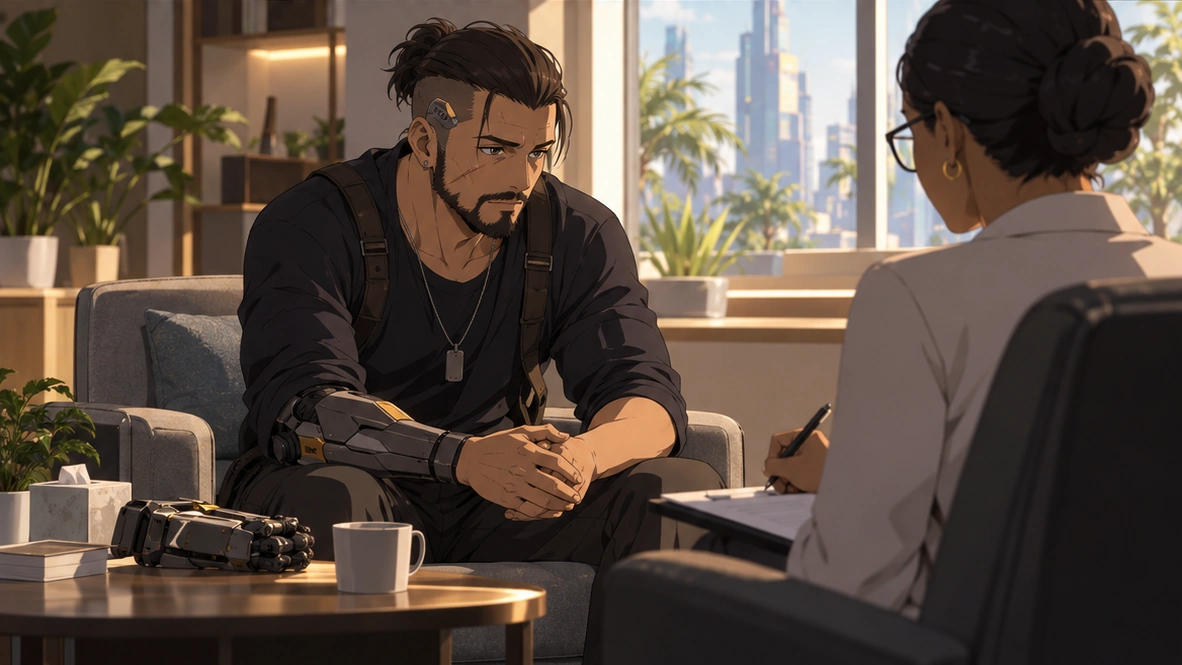 Original editorial illustration of an adult edgerunner discussing recovery with a therapist, representing Cyberpunk RED's fictional treatment mechanics