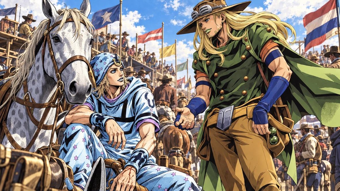 Original editorial illustration of Johnny Joestar and Gyro Zeppeli at the Steel Ball Run race