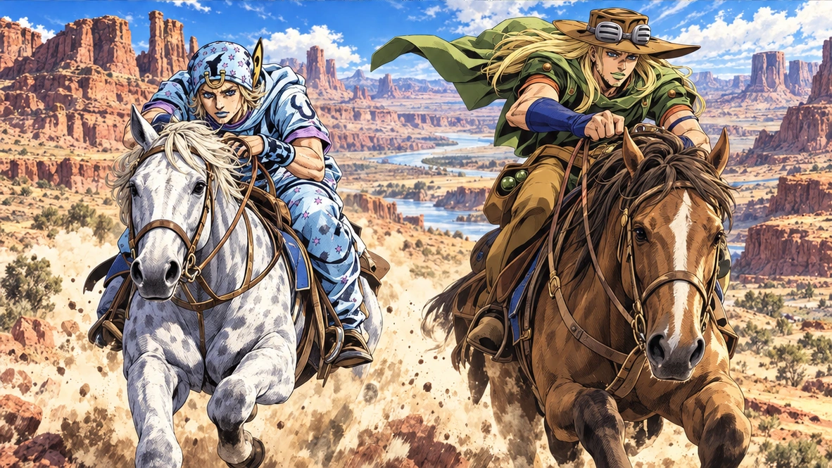 Original editorial illustration of Johnny and Gyro riding through desert terrain
