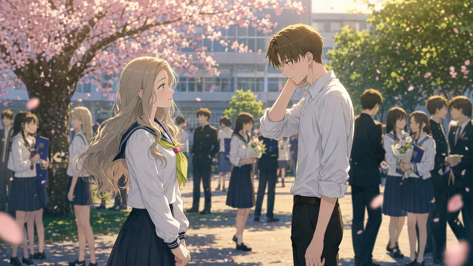 Taira and Azuma standing apart from the graduation crowd after an emotional goodbye, with Taira gathering the courage to ask if they can keep meeting after high school