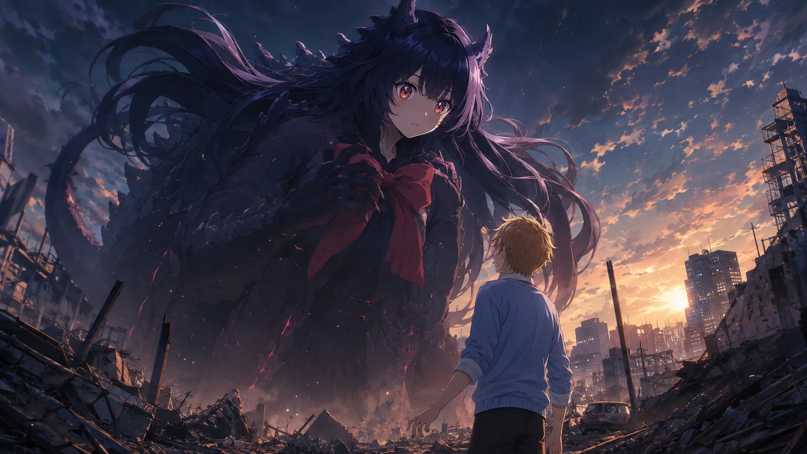 Arata Minami facing Harugon at close range while sensing a familiar connection to Kuroe before learning they are the same person