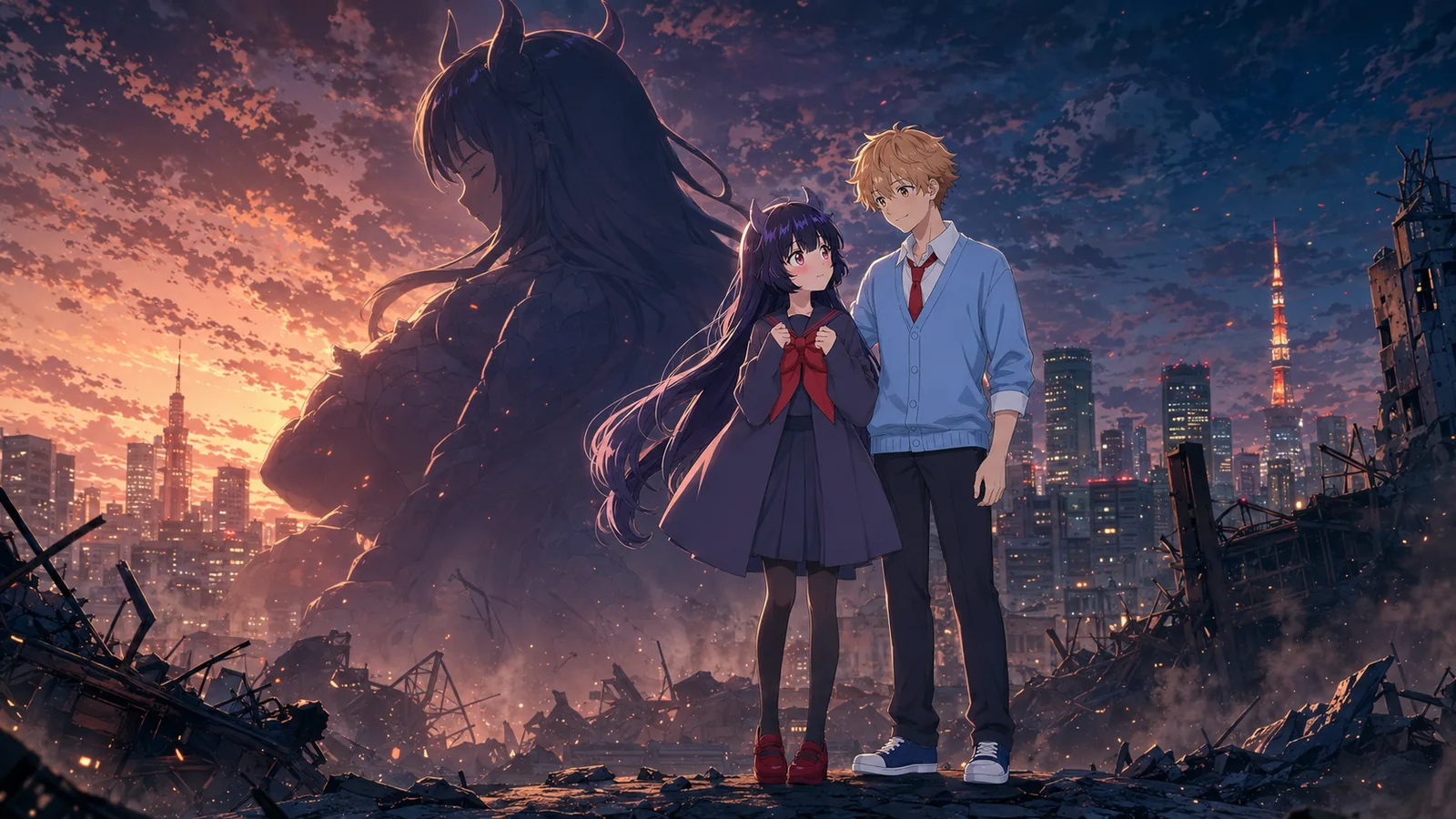Kuroe Akaishi standing beside Arata after her secret is revealed, with Harugon's giant silhouette behind her representing the identity he now understands