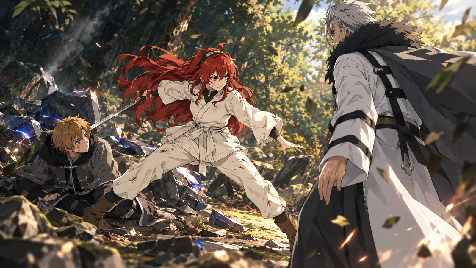 Eris placing herself between the badly injured Rudeus and Orsted at the end of their rematch.