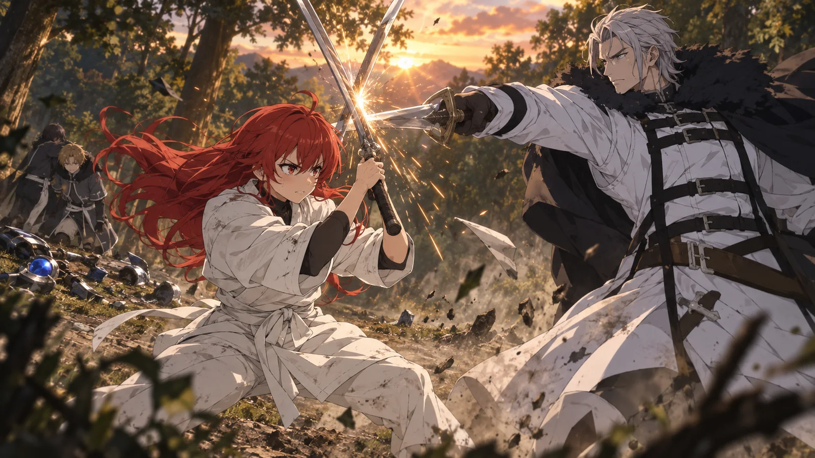 Eris using her Sword King training to intercept Orsted while Rudeus's allies pull him to safety.