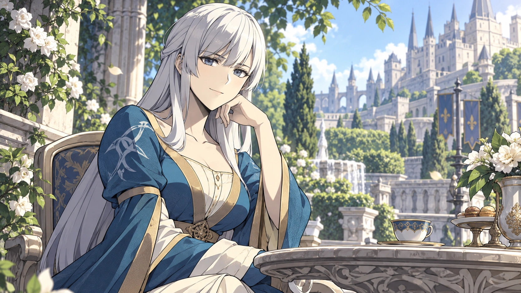 Editorial illustration of Irene in her blue-and-gold noble dress inside Satisfy