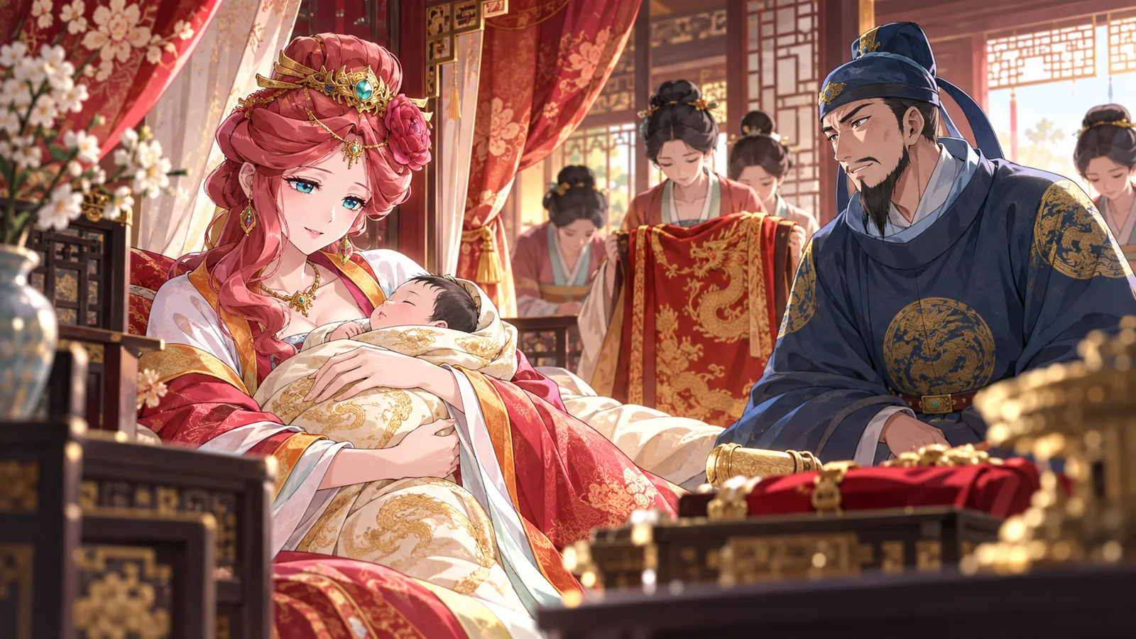 Gyokuyou holds the newborn imperial heir whose birth changes her rank and political position.