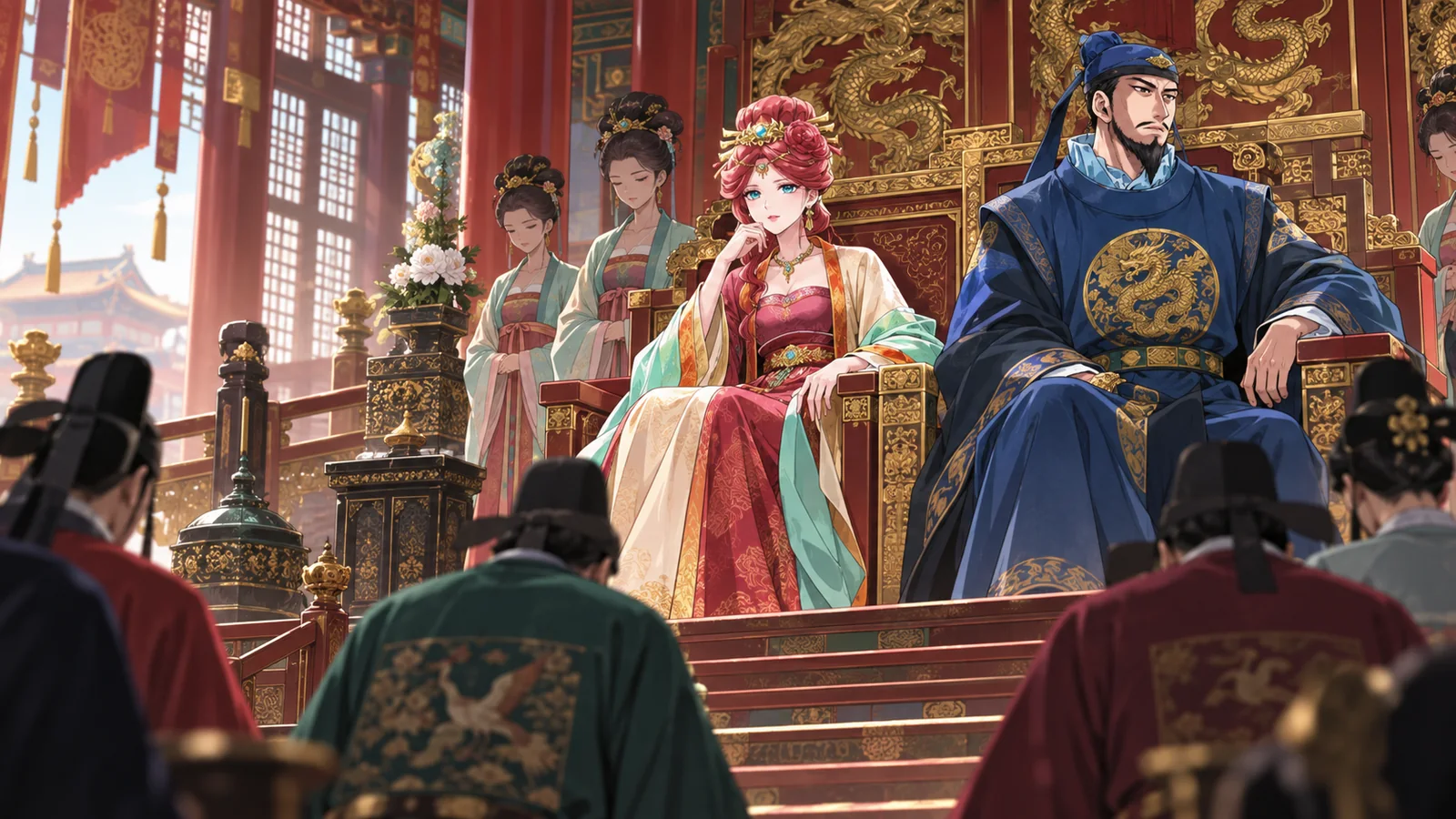 Empress Gyokuyou takes her formal place beside the Emperor during an imperial audience.