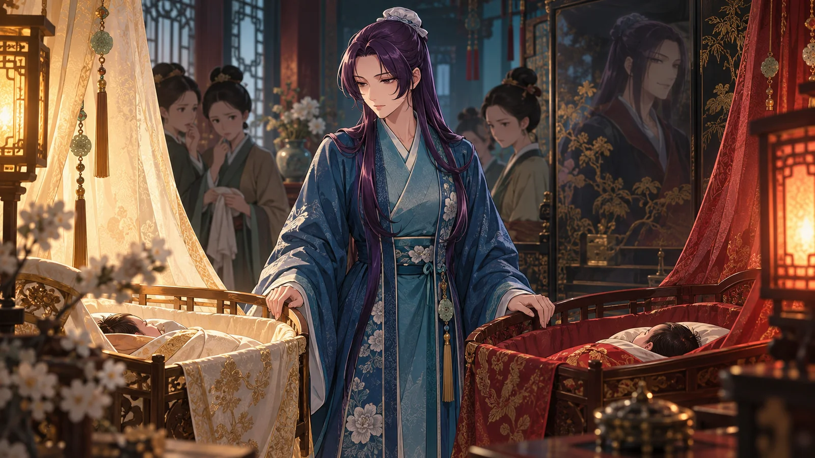 Ah-Duo stands between two royal cradles in a symbolic view of the palace infant swap.