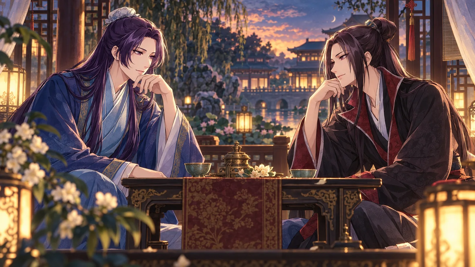 Jinshi and Ah-Duo share an unspoken connection during a private palace-garden conversation.