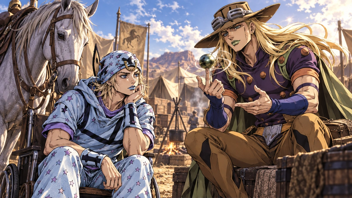Original editorial illustration of Johnny Joestar seated beside Slow Dancer