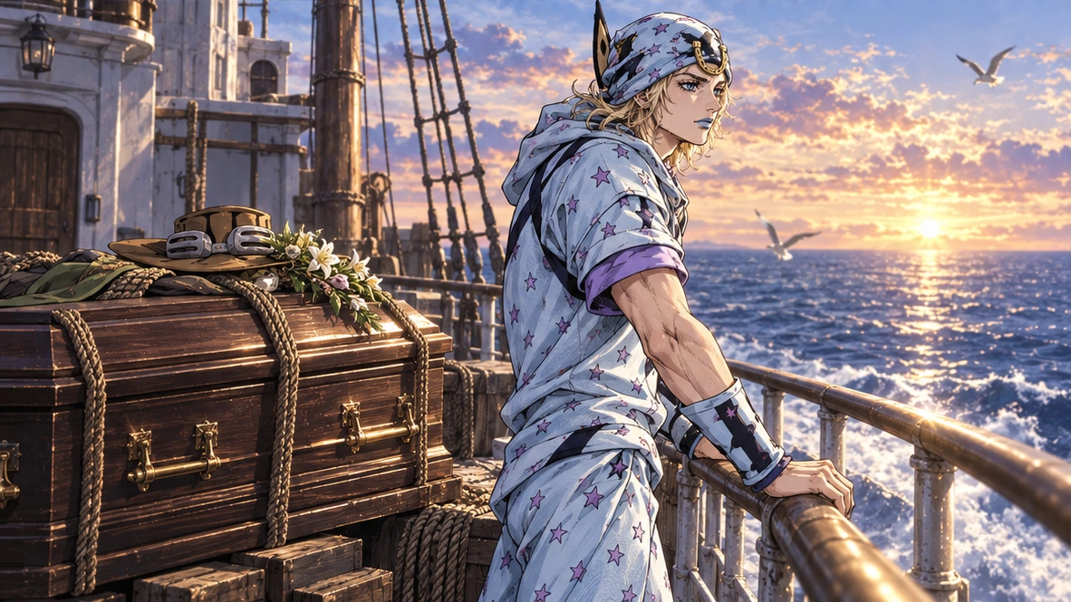 Original editorial illustration of Johnny after the Steel Ball Run race, inspired by the final voyage