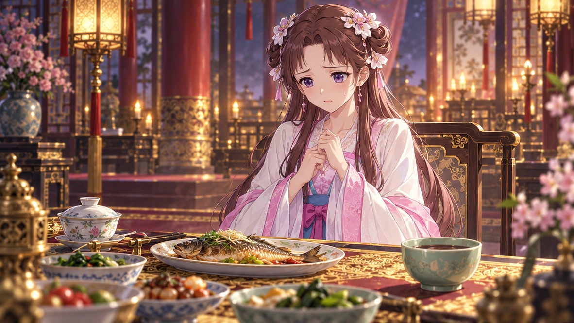 Editorial illustration of Lishu looking anxiously at a fish meal in the palace dining room