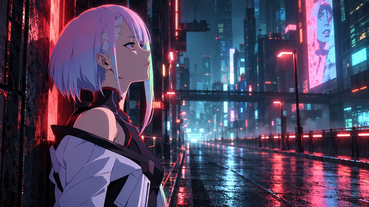 Original editorial illustration of Lucy against Night City's neon streets, not a confirmed sequel scene