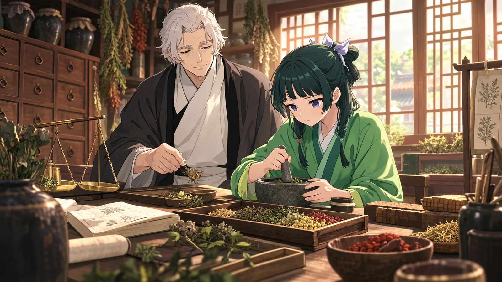Luomen trains Maomao in practical medicine inside their apothecary.