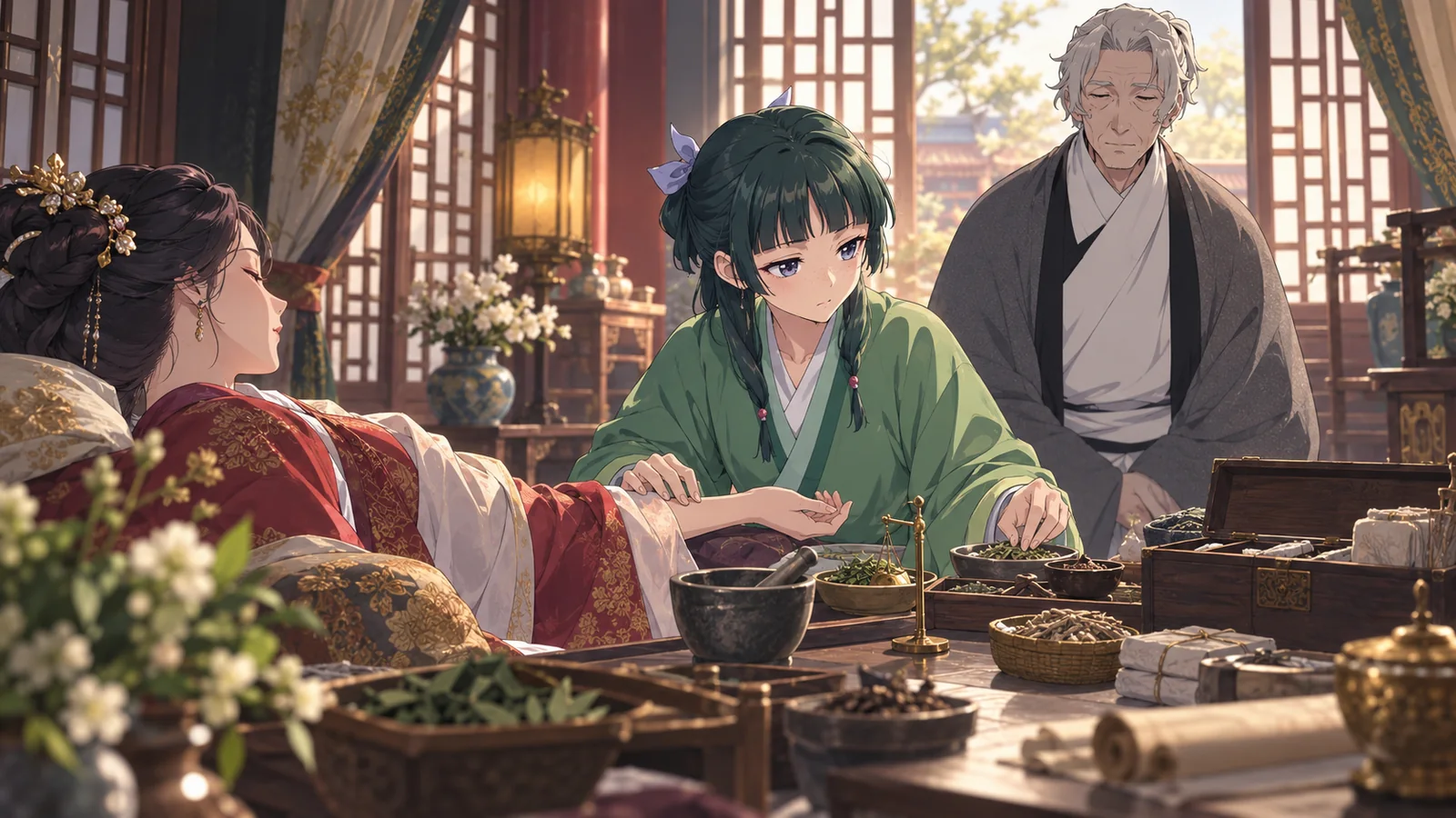 Maomao performs a physician's work at the palace while retaining her identity as an apothecary.
