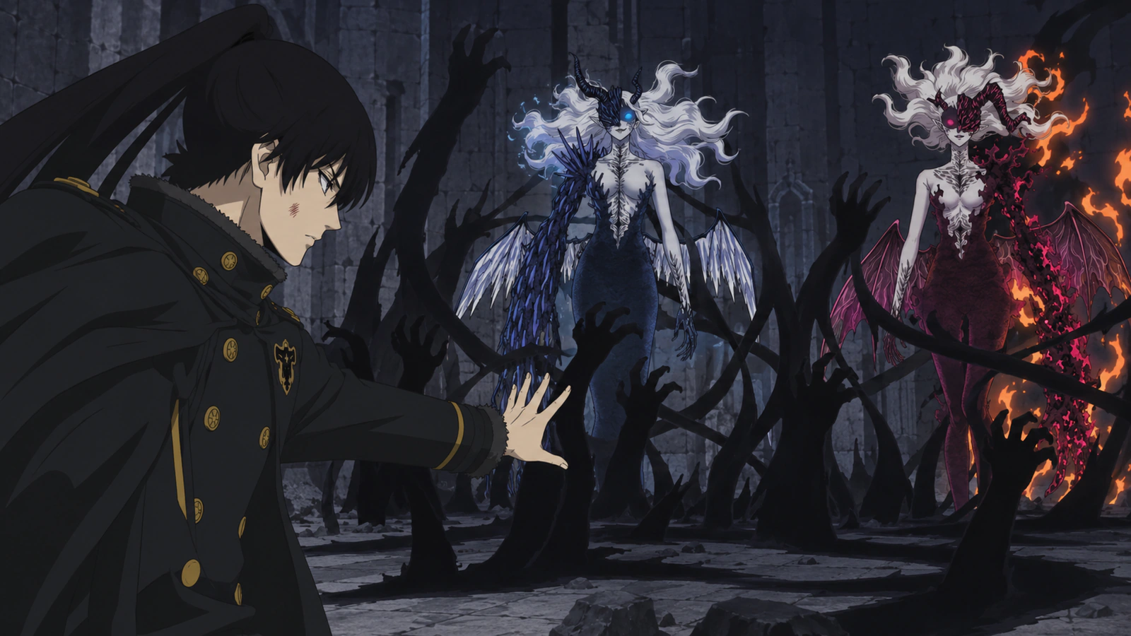 Nacht holds back Lilith and Naamah with Shadow Magic in the Spade Kingdom castle