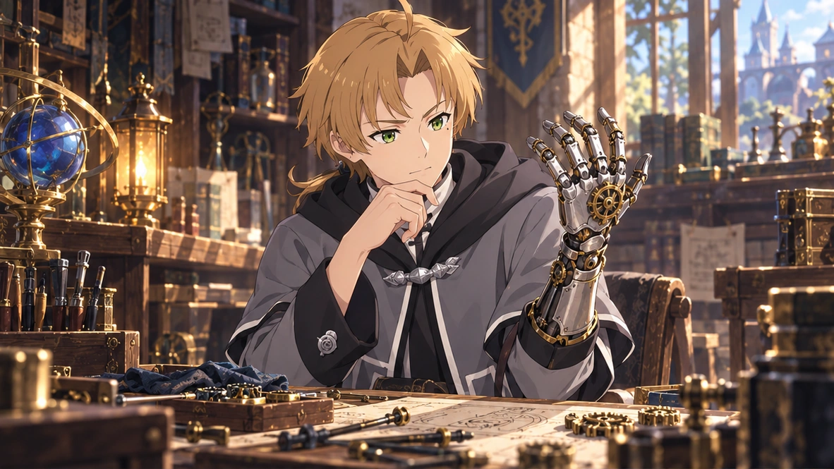 Editorial illustration of Rudeus inspecting the metal prosthetic hand fitted to his left wrist