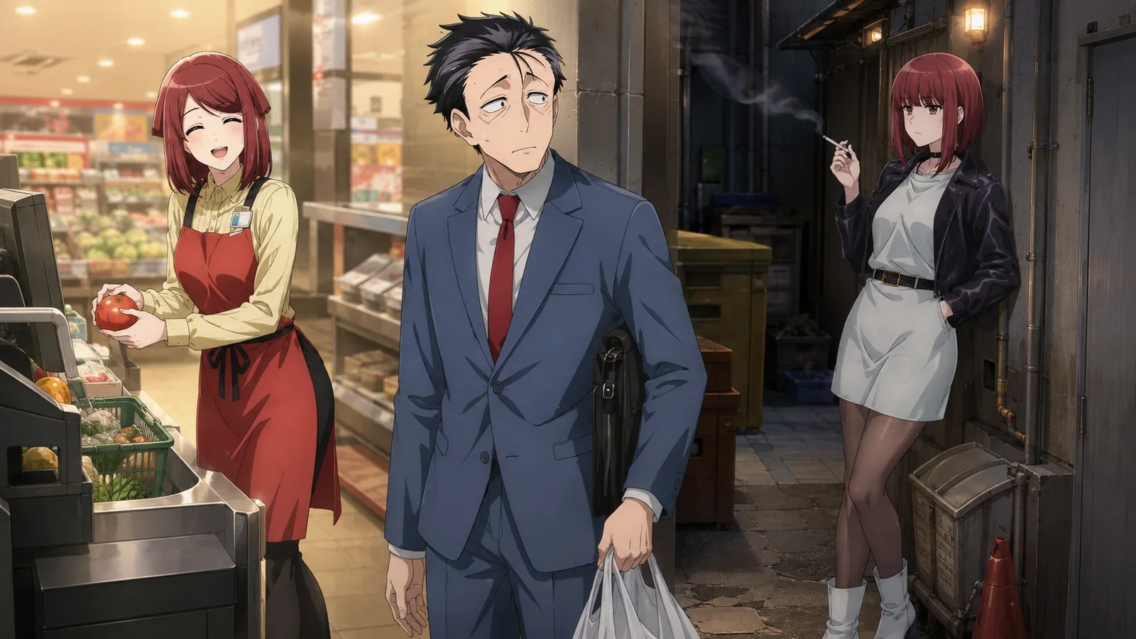 Sasaki looking between the smiling uniformed Yamada at a Super S register and the casually dressed Tayama smoking behind the supermarket, unaware they are the same woman