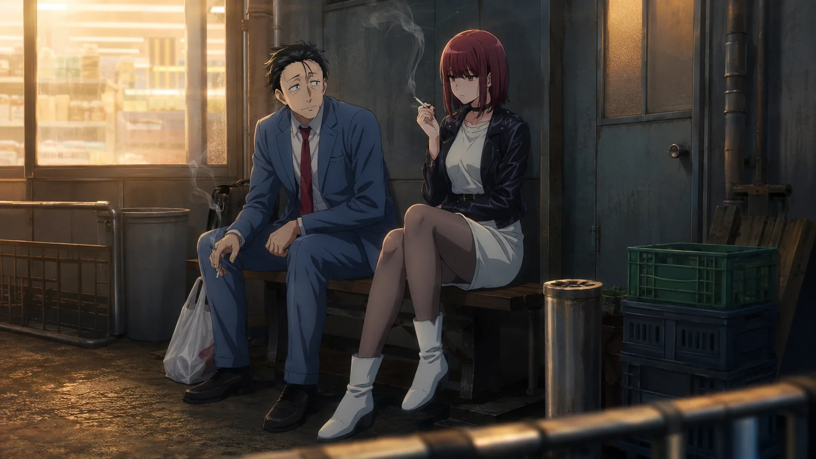 Sasaki and Tayama sitting together in the supermarket smoking area after he has realized she is Yamada, with his quiet recognition contrasting her uncertainty about what he knows