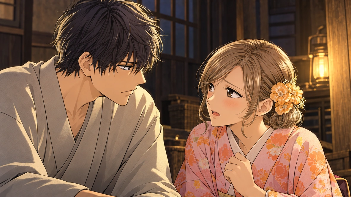 Original editorial illustration of Satoko Kirigaya and Shinpei Goto's uneasy marriage bargain
