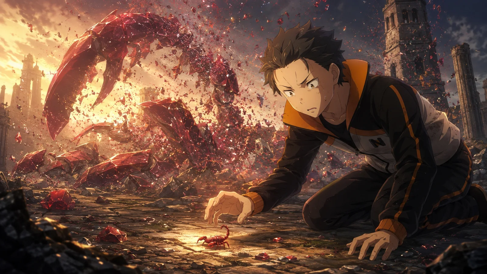 Shaula's giant Crimson Scorpion body crumbling into dust as Subaru discovers a tiny crimson scorpion among the remains