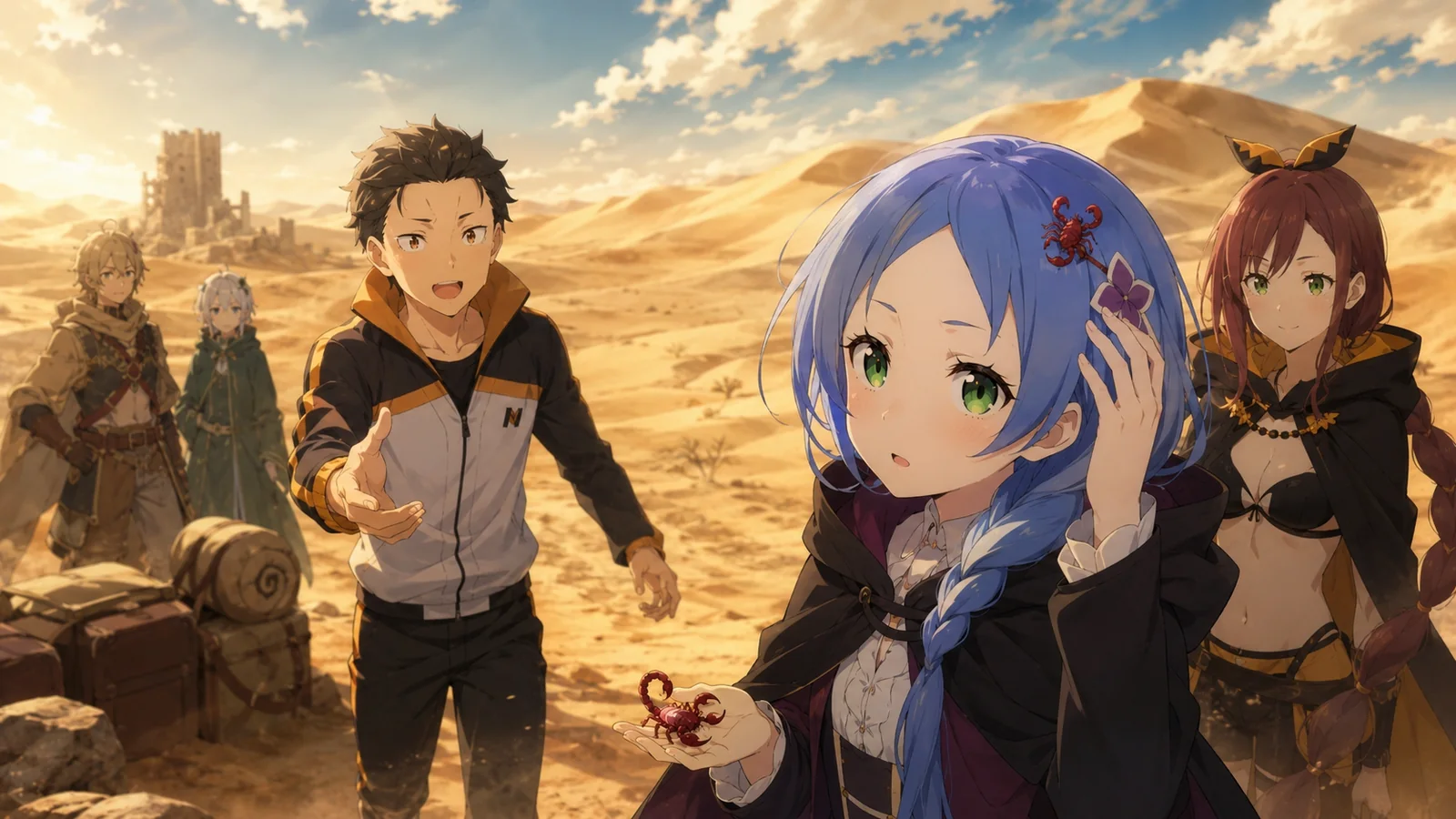 Meili carrying the palm-sized crimson scorpion in her hair while Subaru reunites with the group near the Augria Sand Dunes