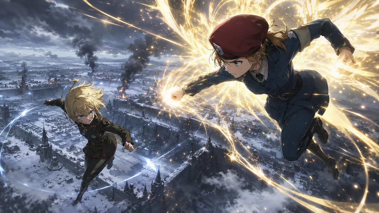 Tanya and Mary Sue locked in their brutal Tiegenhoff duel, with Mary pressing forward under immense divine magical power while the battered Tanya searches for a tactical opening