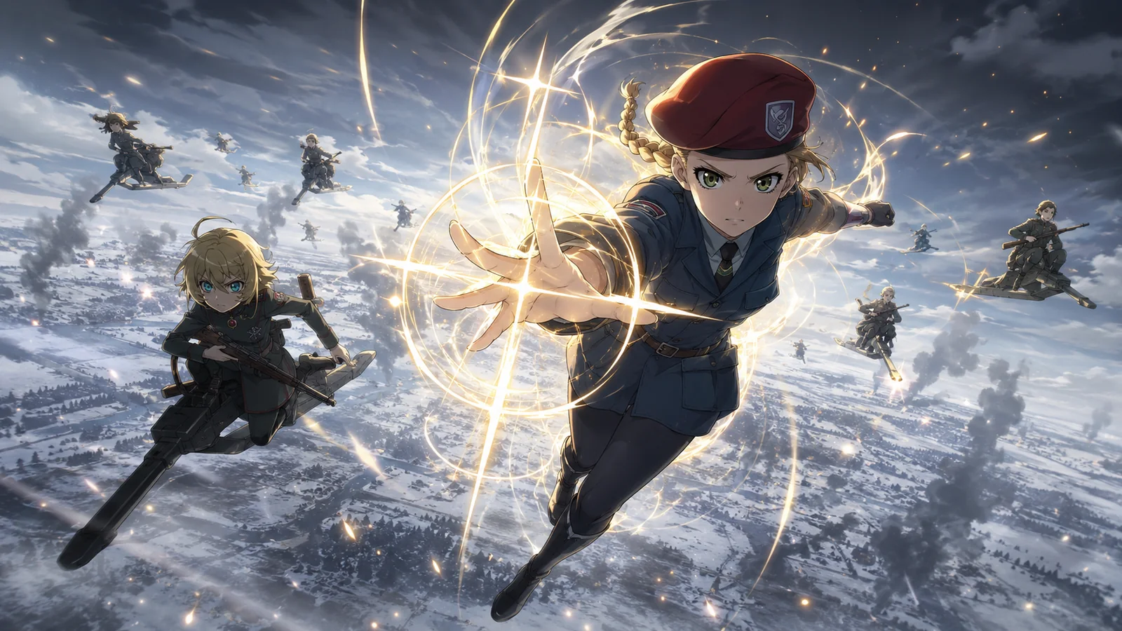 Mary Sue flying through the manga's northern battlefield amid shattered Imperial formations, while Tanya and the veteran 203rd close in for the confrontation teased after Volume 34