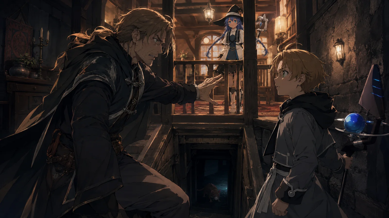 Future Rudeus confronting his younger self before the basement door, with the infected rat hidden below and Roxy safe upstairs