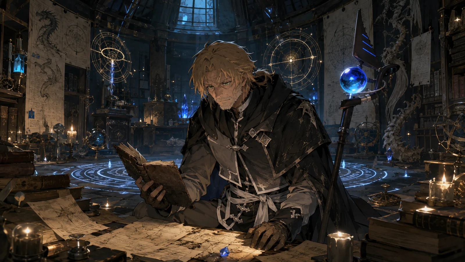 Elderly Future Rudeus alone in a research chamber, surrounded by a worn diary, Dragon Race diagrams, magic circles, and notes for his fatal journey into the past