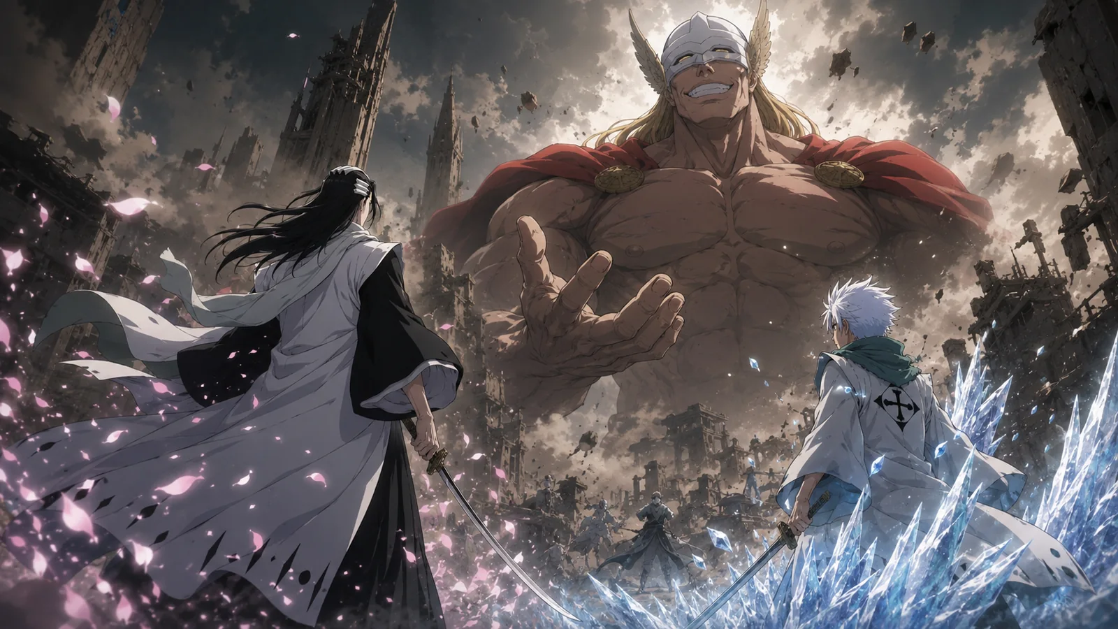 Giant Gerard Valkyrie rising over Wahrwelt after surviving Byakuya and the Soul Reapers, with Byakuya and Toshiro facing his newly enlarged form