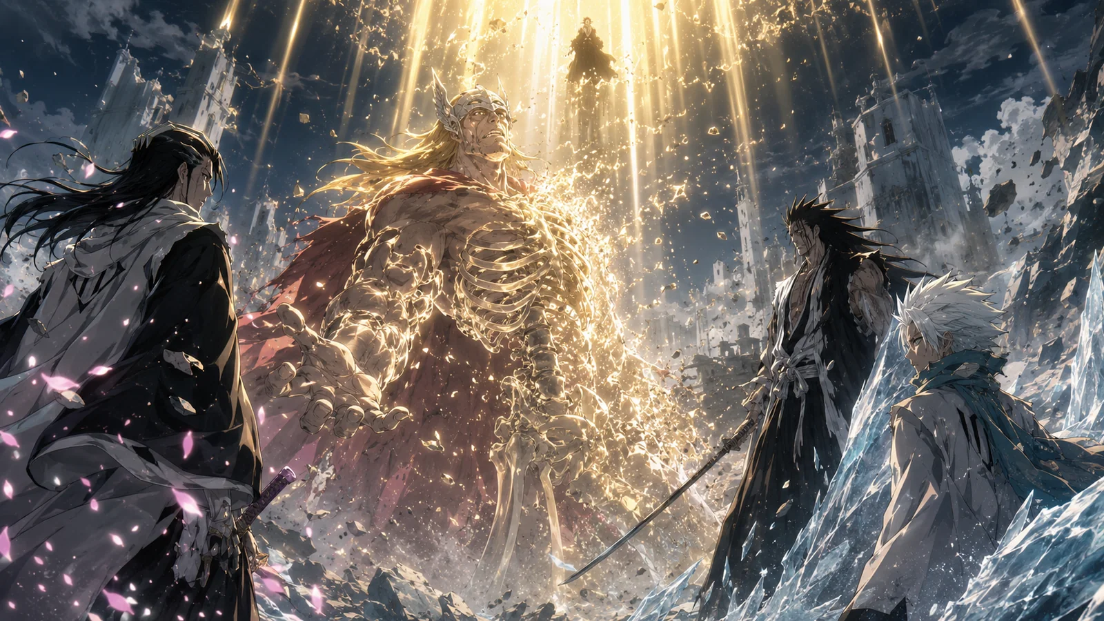 Gerard Valkyrie being stripped to a skeletal form by Yhwach's Auswahlen while Byakuya and exhausted adult Toshiro witness his sudden final collapse