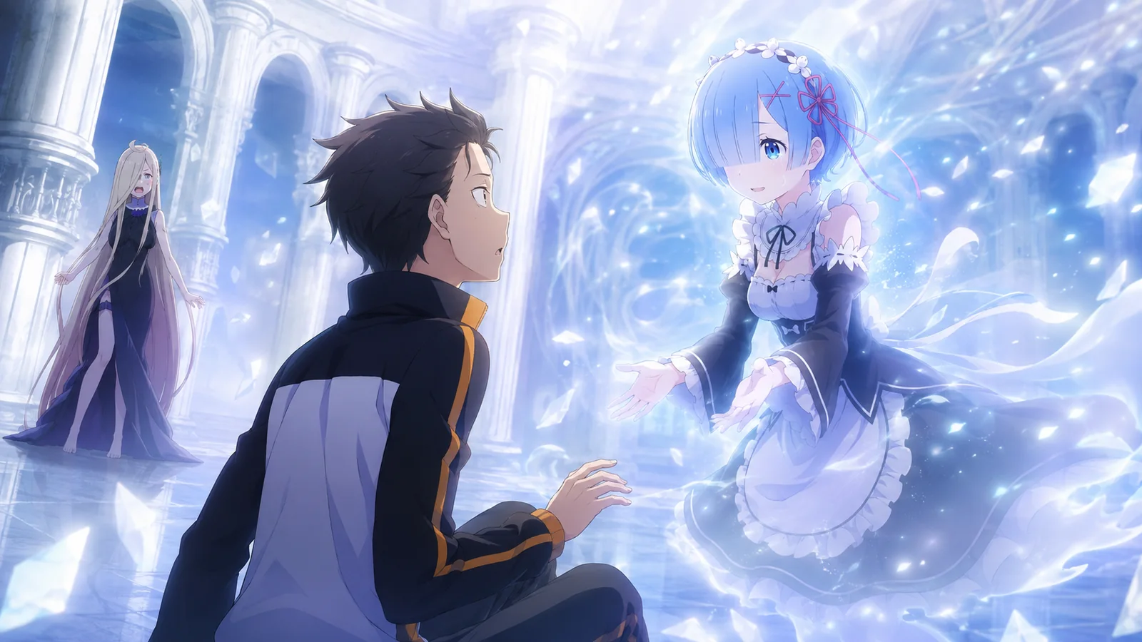 Amnesiac Subaru facing a blue-haired manifestation of Rem in the white Hall of Memories while Louis Arneb watches from the background