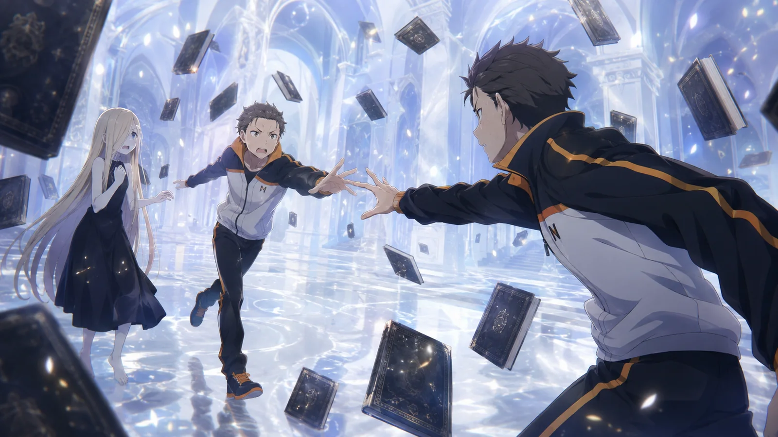 Two versions of Subaru reaching toward each other in the Hall of Memories as Books of the Dead surround them and Louis Arneb recoils nearby