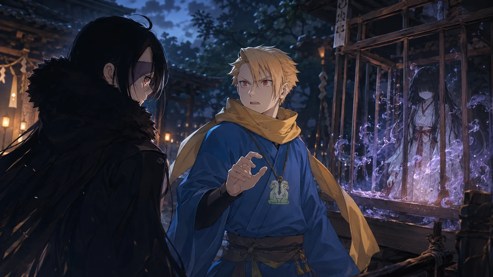 Yuru facing the eyepatch-wearing real Asa while the caged girl he knew as his sister is revealed as a separate disguised figure