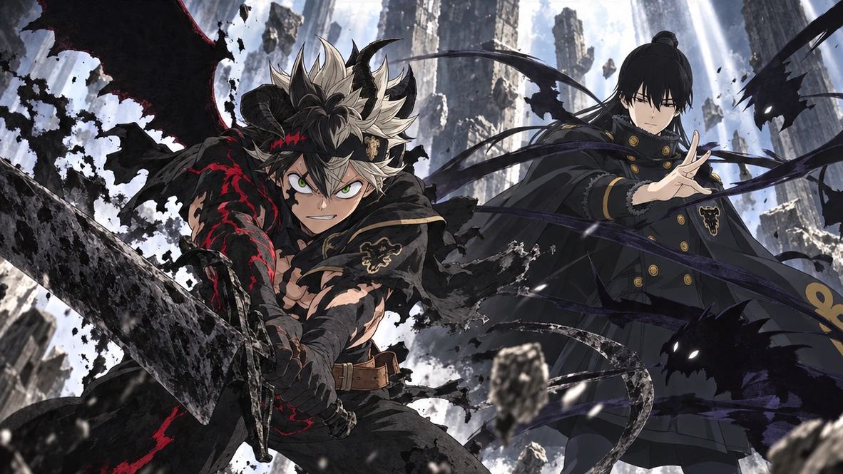 Editorial illustration of Asta's Devil Union and Anti-Magic alongside Nacht's controlled Shadow Magic