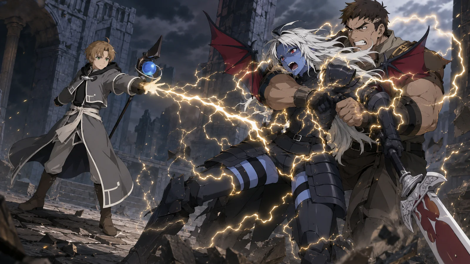 Rudeus casting Electric while Zanoba restrains the muscular winged Immortal Demon King Atofe during their tense Volume 14 confrontation