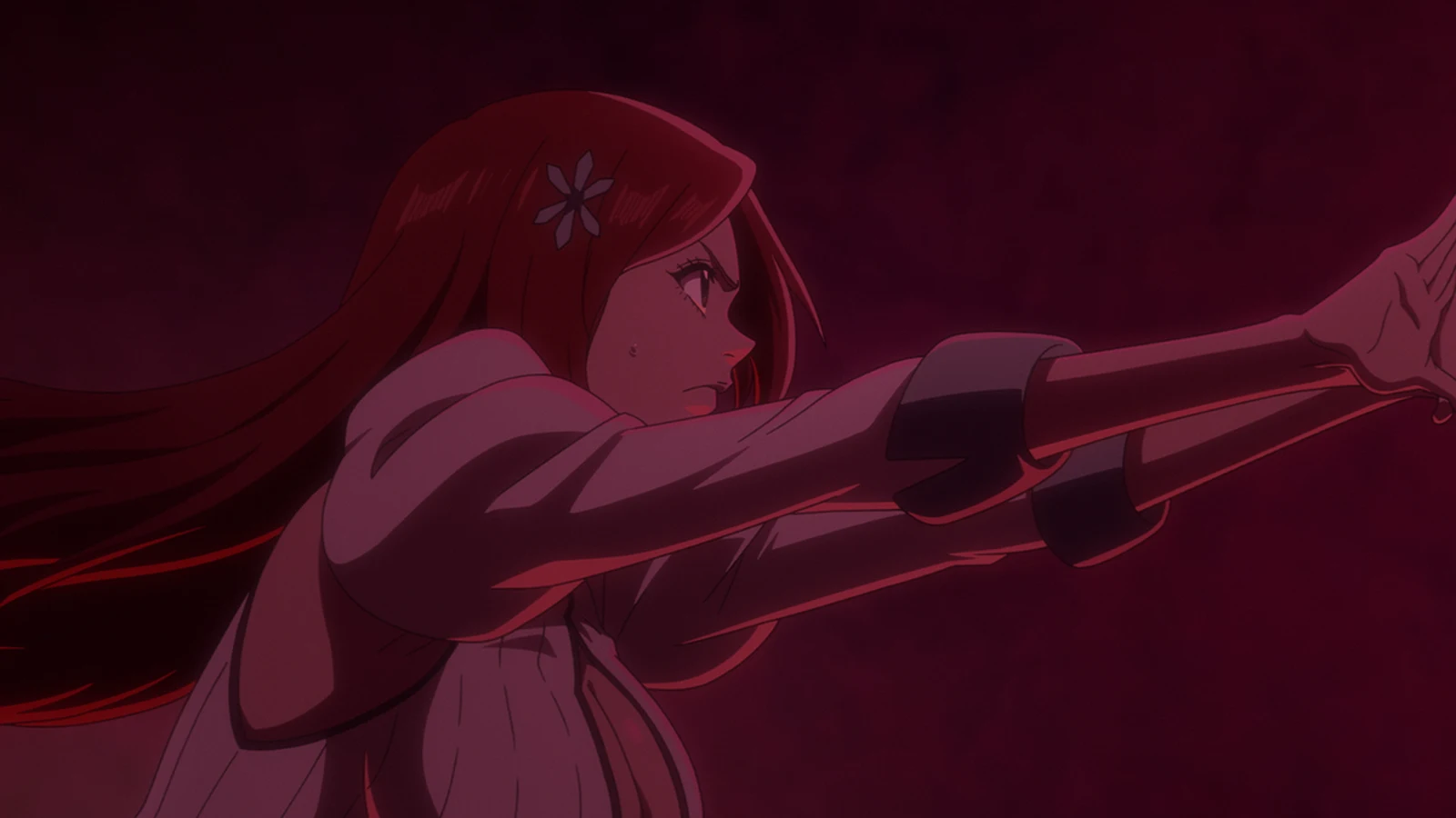 Orihime Inoue reaches forward during the Episode 45 battle with Yhwach, moments before her apparent sacrifice