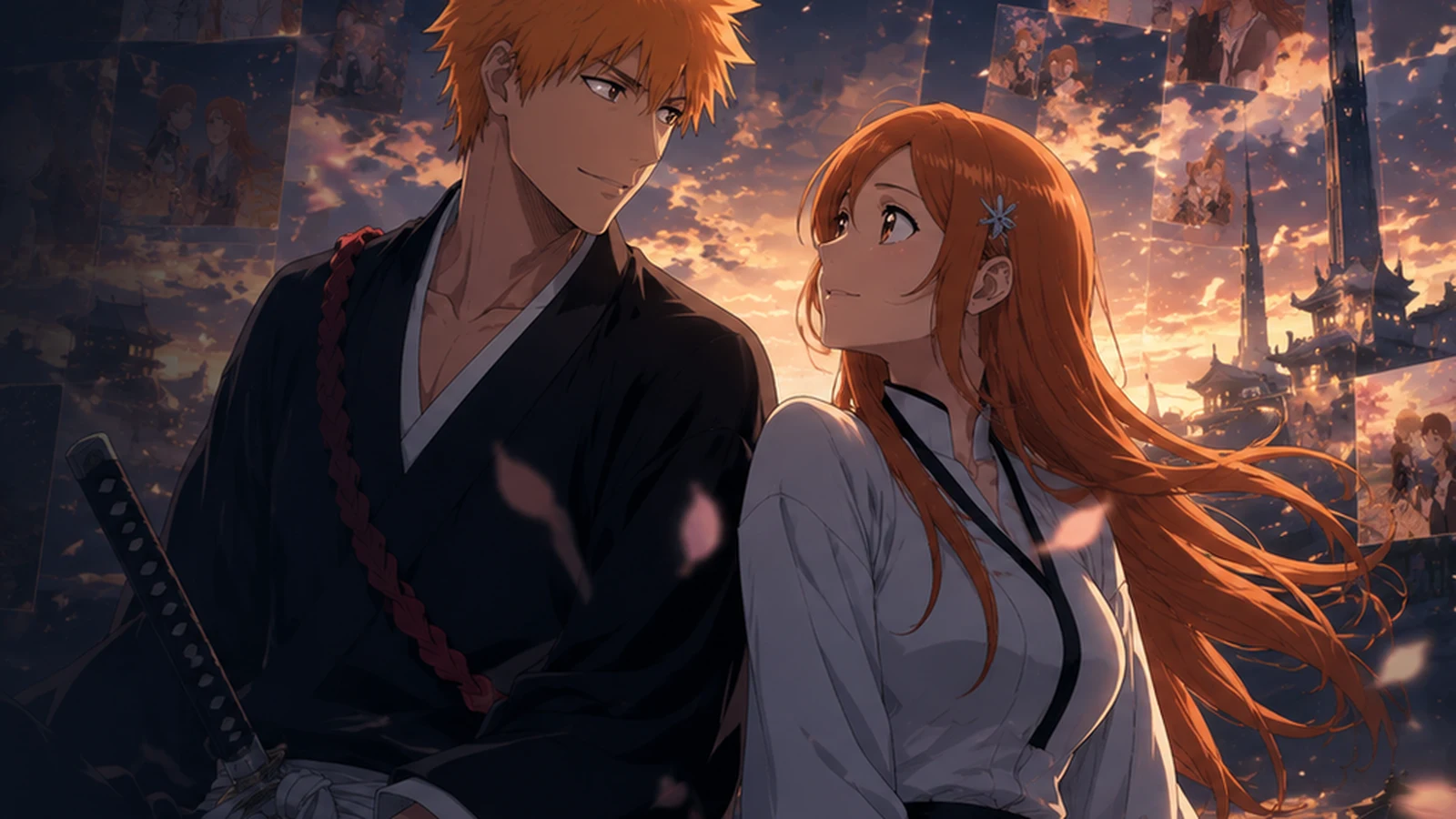 Ichigo Kurosaki and Orihime Inoue together after the war, reflecting the future established by the manga epilogue