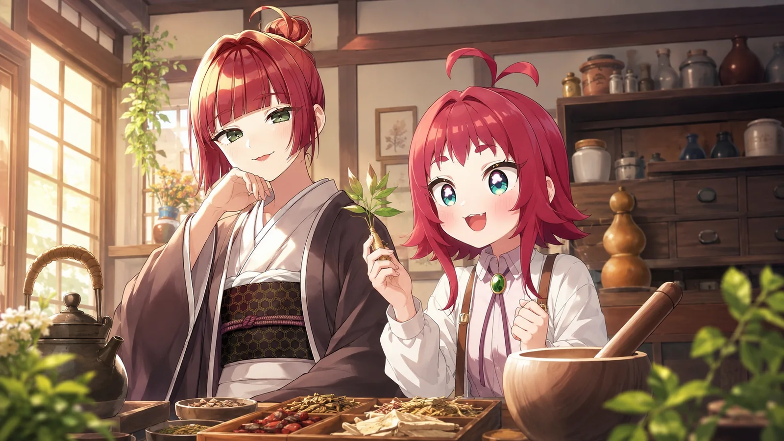 Yaku Yakuzen in traditional clothing standing beside her granddaughter Kusuri, both in youthful drug-altered bodies while Yaku carries the calm bearing of an 89-year-old grandmother