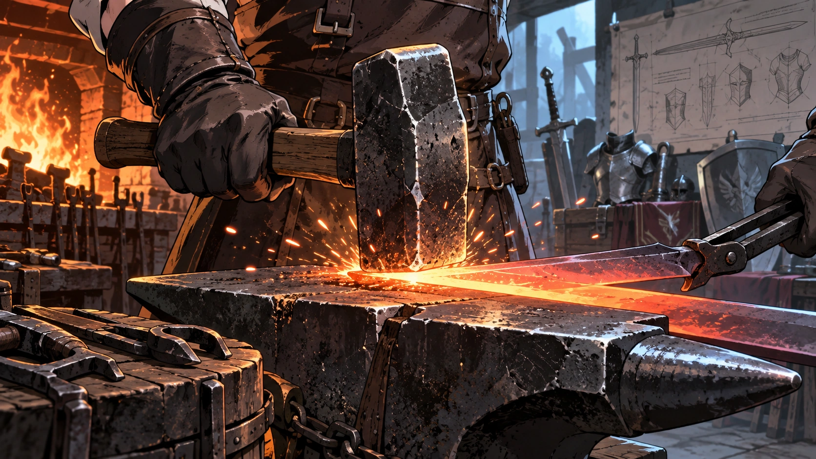 Editorial close-up of a hammer forging a sword on an anvil