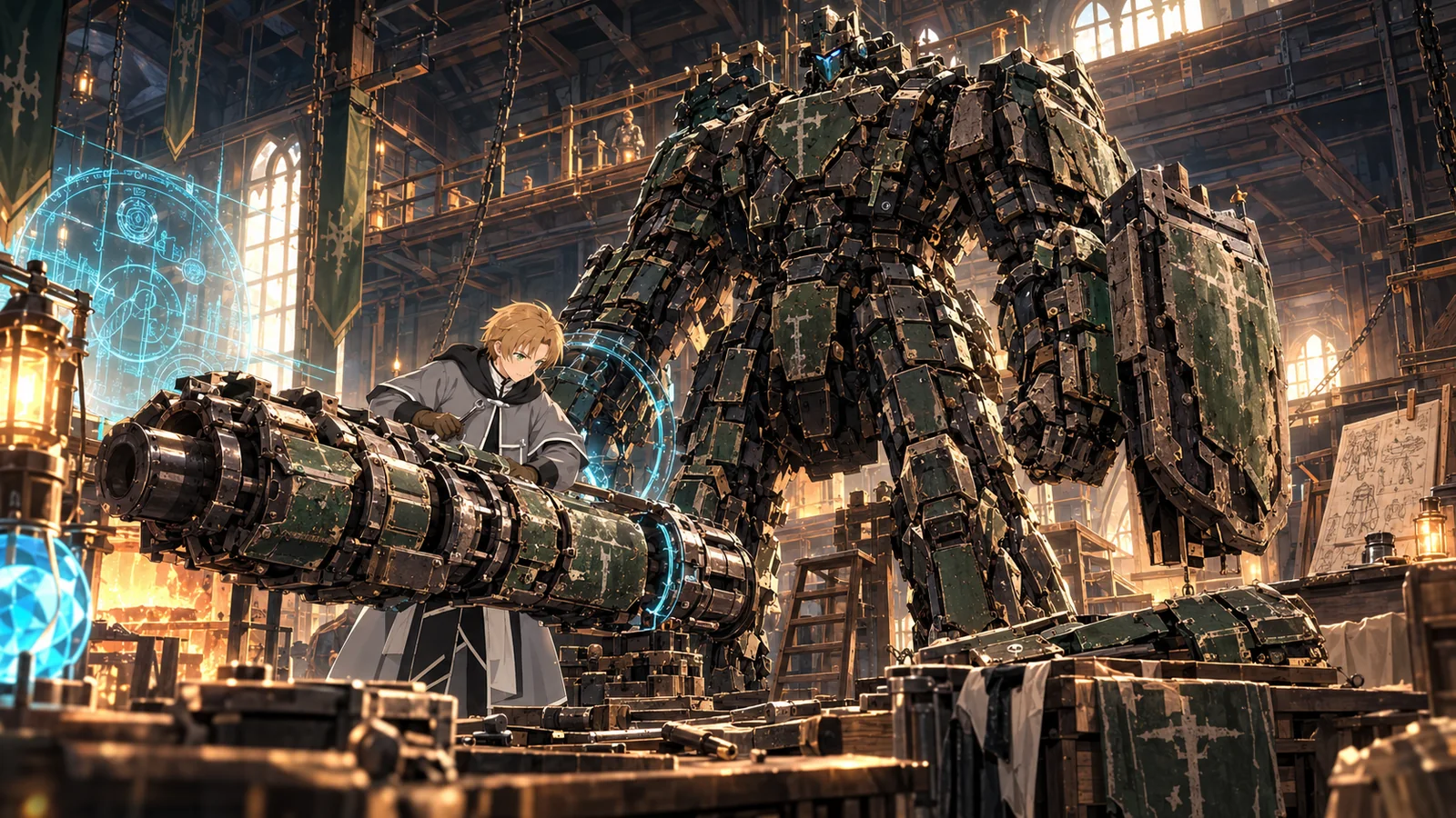 Rudeus standing beside the four Magic Armor versions, from the bulky Version One to the compact Version Three.