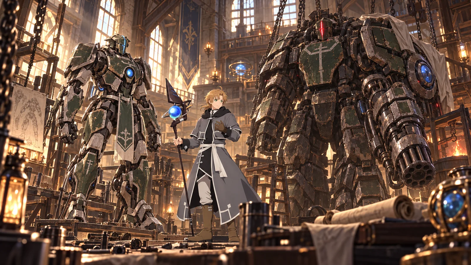 Rudeus piloting the dark Version Zero Magic Armor against Fighting God Badigadi at Biheiril.