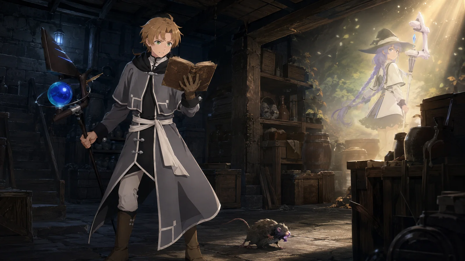 Present-day Rudeus in the dark Greyrat basement after killing the violet-toothed infected rat, holding Oldeus's diary as the future diverges away from Roxy's death