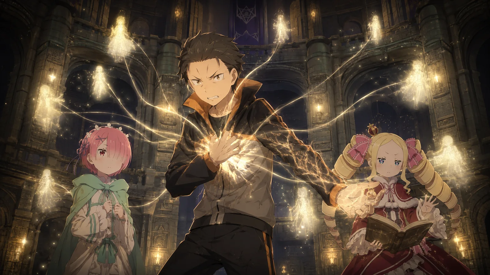 Subaru using Cor Leonis inside the Pleiades Watchtower, perceiving pale lights representing his scattered allies while taking Ram's exhaustion into his own body