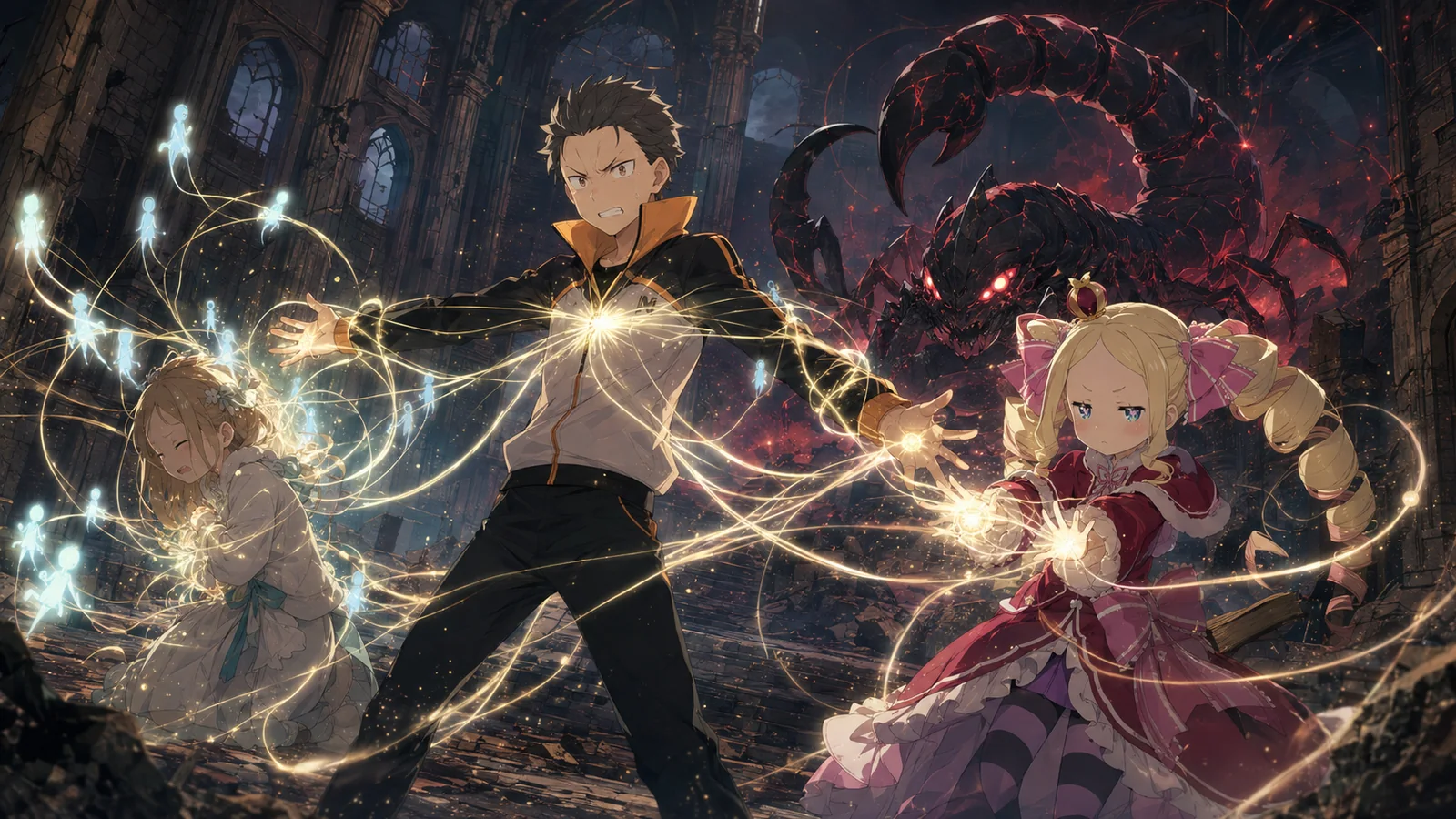 Subaru and Beatrice sharing Meili's crushing burden through Cor Leonis Second Shift as the transformed Shaula threatens the Watchtower battlefield