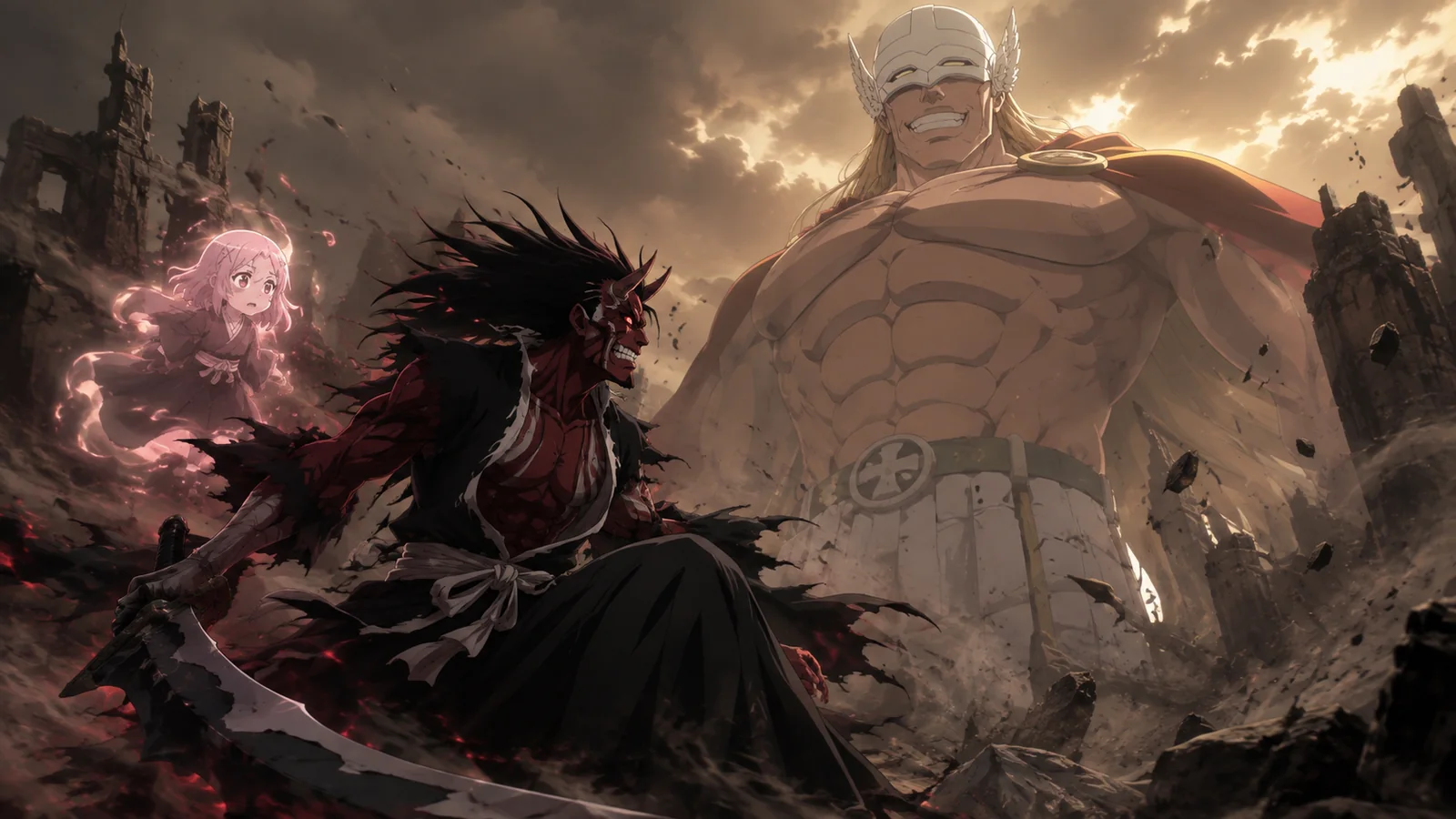 Kenpachi Zaraki in his unnamed Bankai with crimson skin, dark facial markings, horn-like features, and a jagged Nozarashi facing giant Gerard Valkyrie