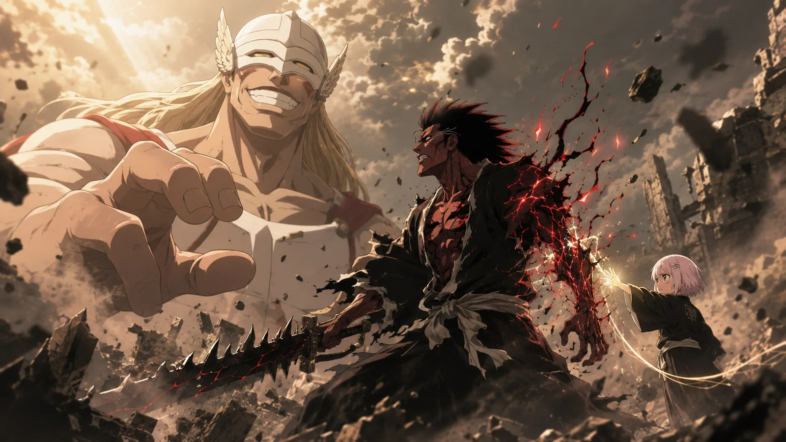 Bankai Kenpachi confronting Gerard Valkyrie as his own arm fails under the overwhelming power Yachiru has released through Nozarashi