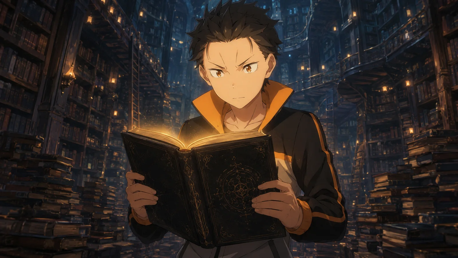 Subaru standing among the immense shelves of Taygeta while holding a black Book of the Dead bearing his own name, surrounded by countless indistinguishable volumes